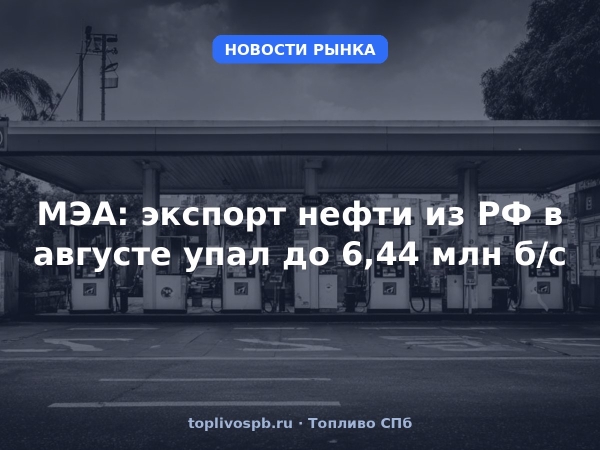 МЭА: экспорт нефти из РФ в августе упал до 6,44 млн б/с